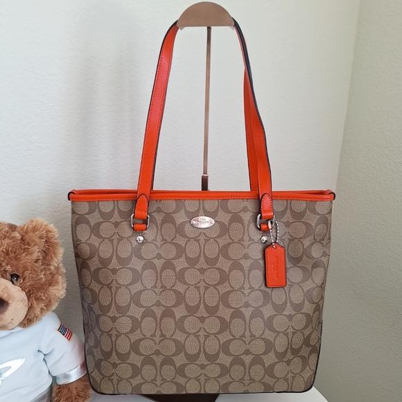 NWT Coach Signature Zip Top Tote F34603 Khaki Orange - Picture 1 of 8